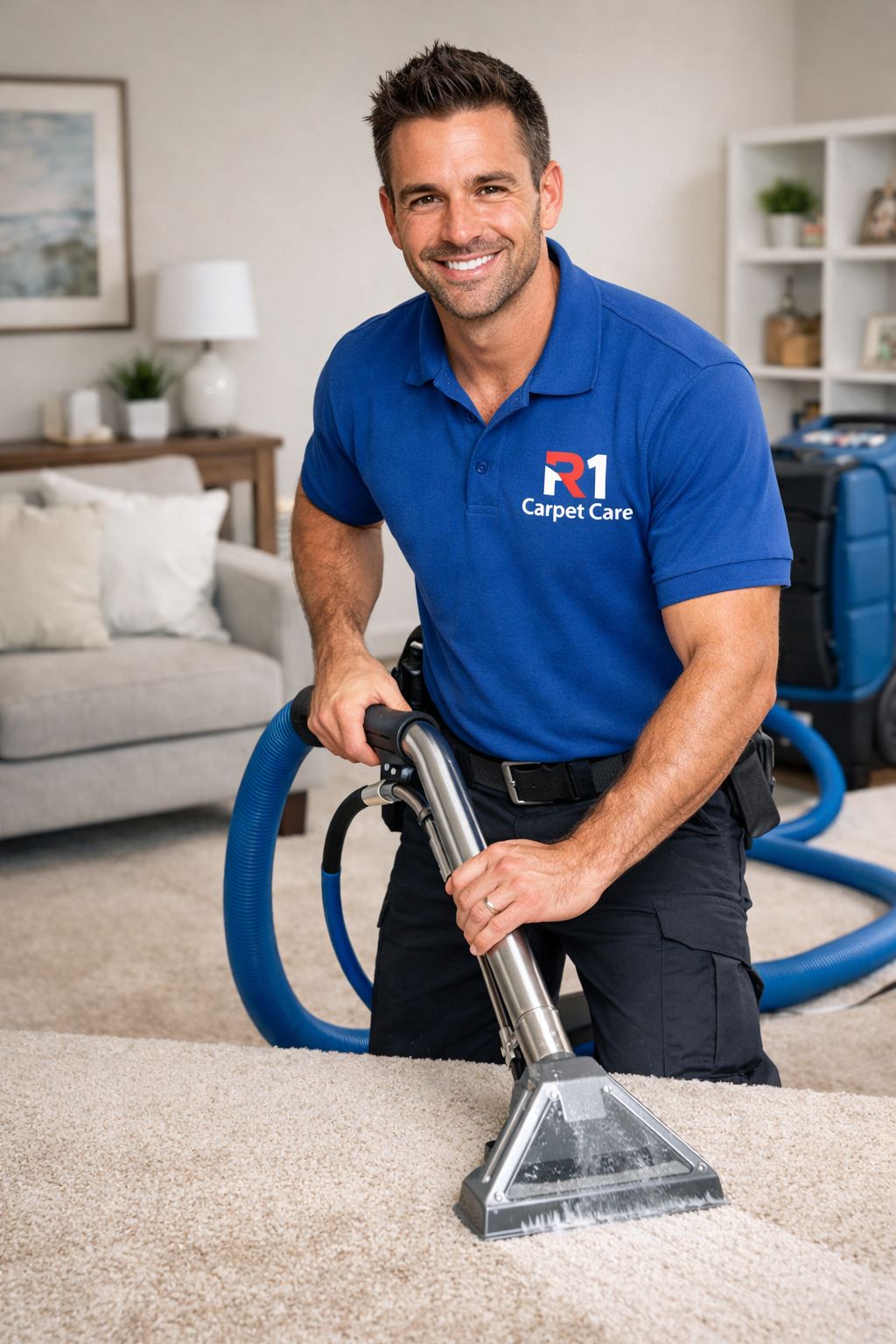 R1 Carpet Care professional cleaning a sofa