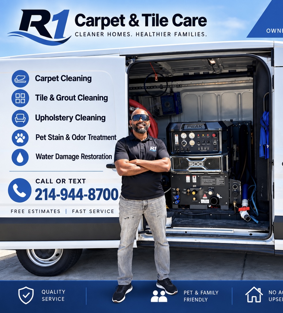 R1 Carpet & Tile Care team member beside the branded van and cleaning equipment